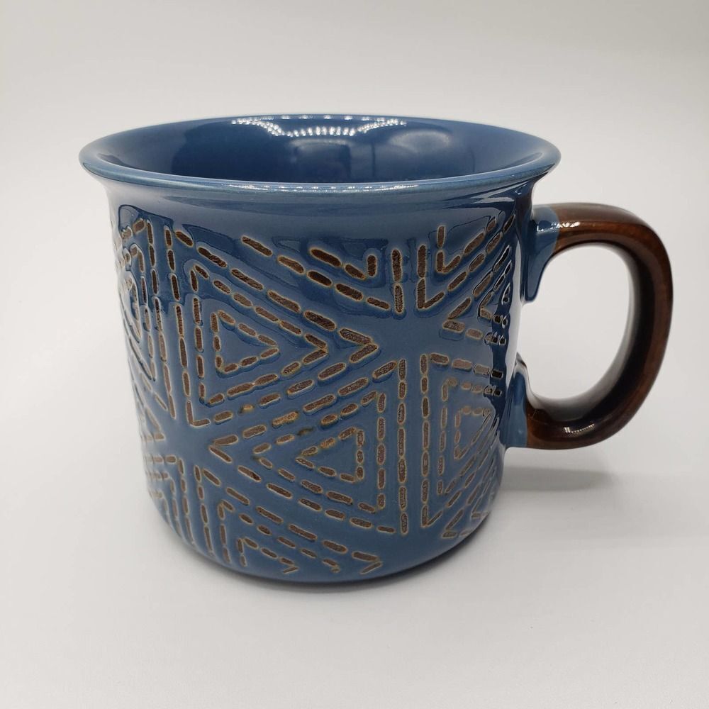 Large Blue and Brown Decorated Geometric Tribal Stoneware Coffee Mug, Viking Mug
